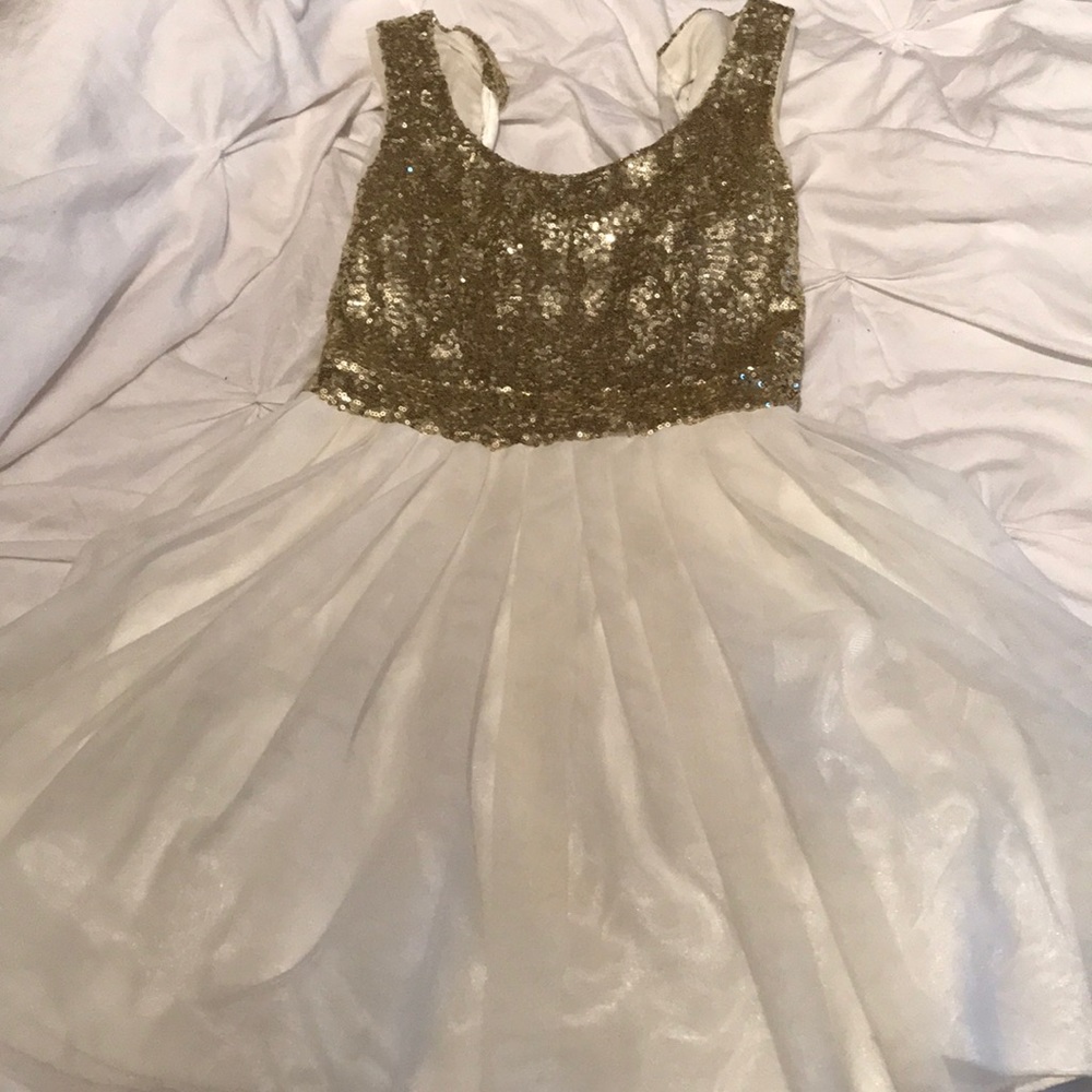 Gold sparkle and white roll homecoming dress